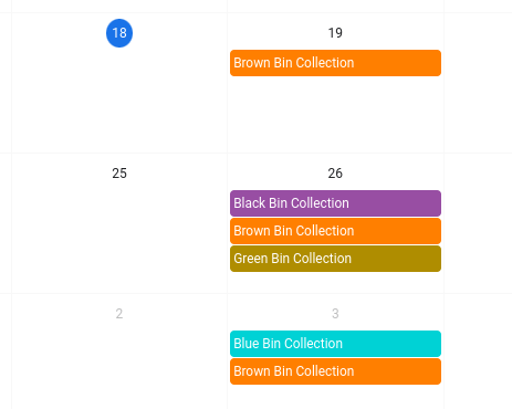 View of the new multiple bin collection calendars in Home Assistant